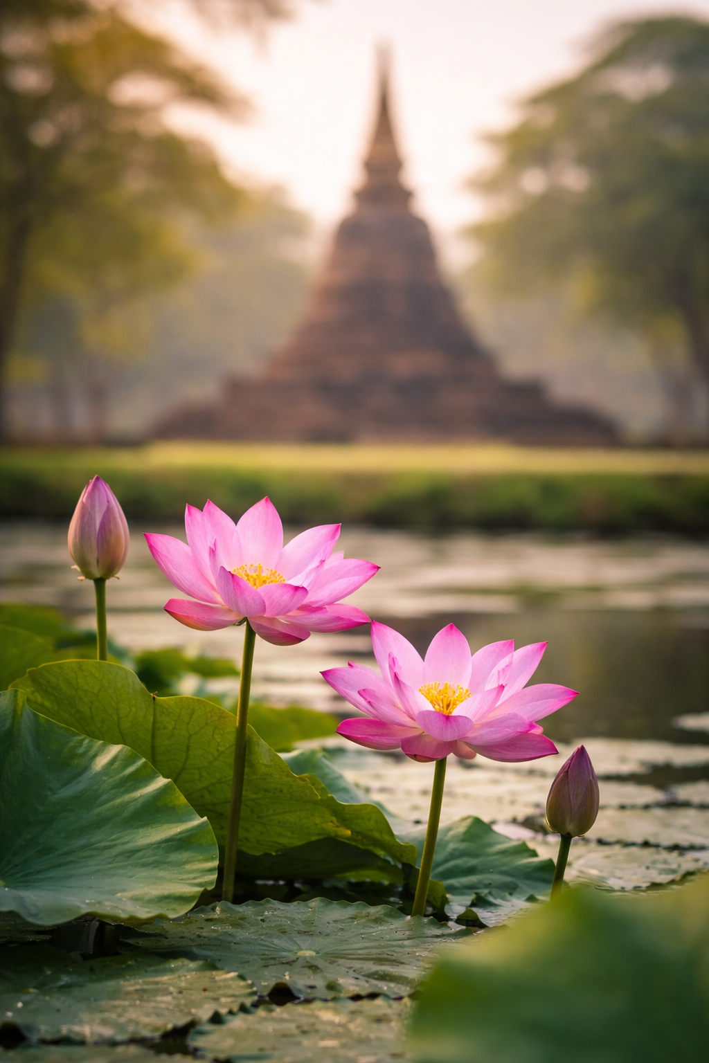 Lotus flowers foreground with chedi bokeh